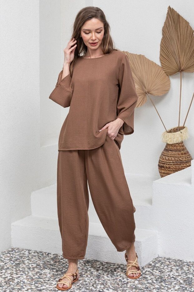 Brown Cotton Muslin Long Sleeve Blouse and Loose Pants Set (Bluz-Pant)