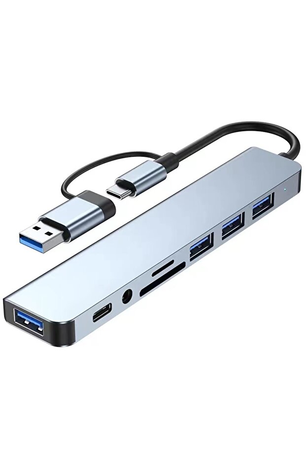 Gray 8 In 2 Usb Hub With Splitter Card Reader, Usb C Port, Usb 3.0 / 2.0, Sd/tf Splitter Card Reader - 1