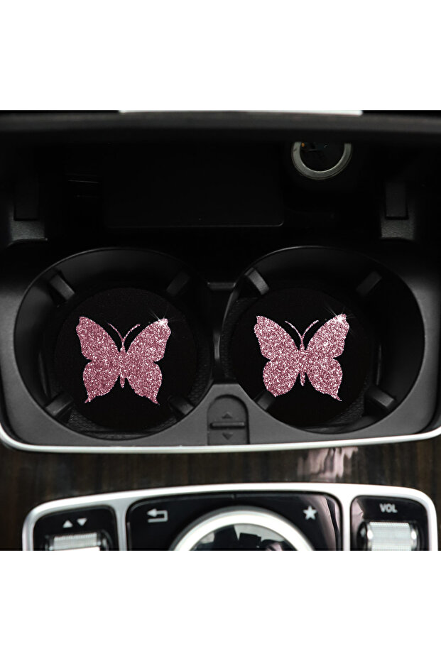 Four Seasons Other Pink Two Cute Pink Butterflies Glitter Light Car Water Cup Pads for Women with Ca