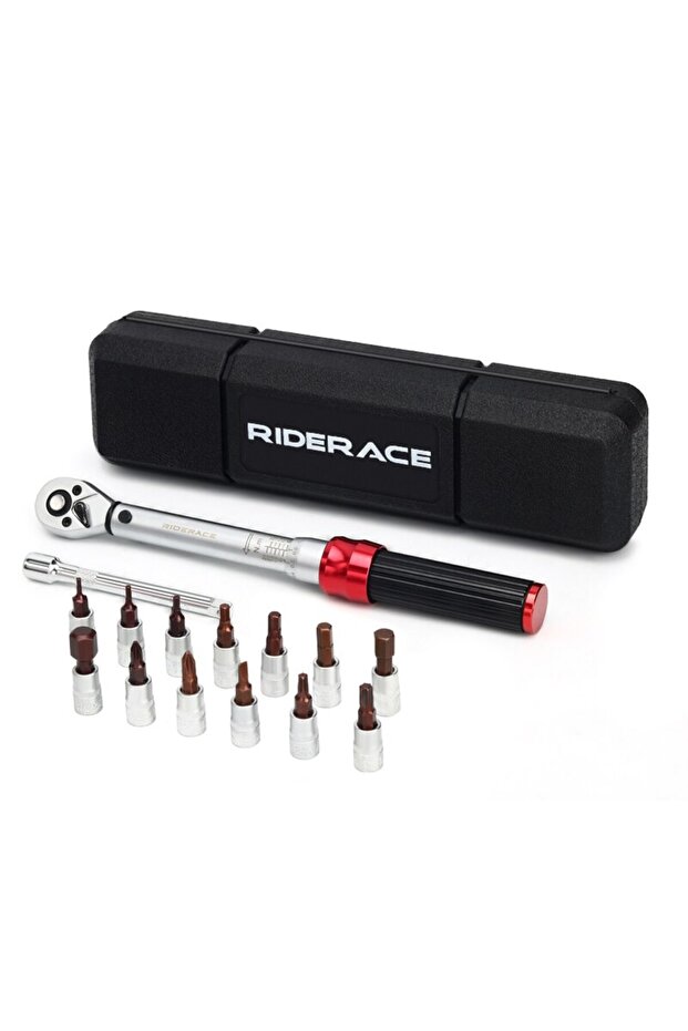 Red RIDERACE Bicycle Torque Wrench Set 15Pcs 1/4" 2-24Nm Dual Direction Bike Allen Key Tool Socket S