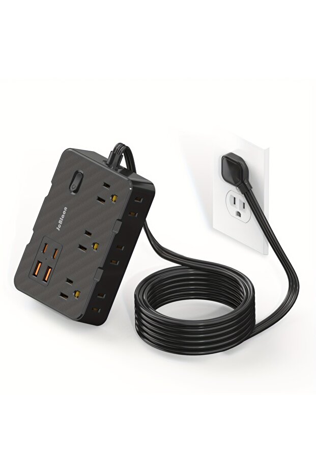 سلك تمديد مسطح رفيع للغاية أسود من الولايات المتحدة مع 4 منافذ USB (2 USB C)، واقي من زيادة التيار بطول 5 أقدام