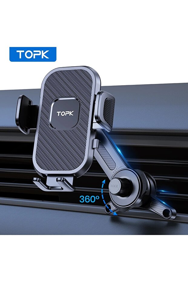 Black TOPK D38T Car Phone Holder Superior Stability Extended Arm 3-Point Support Extendable Metal Ho