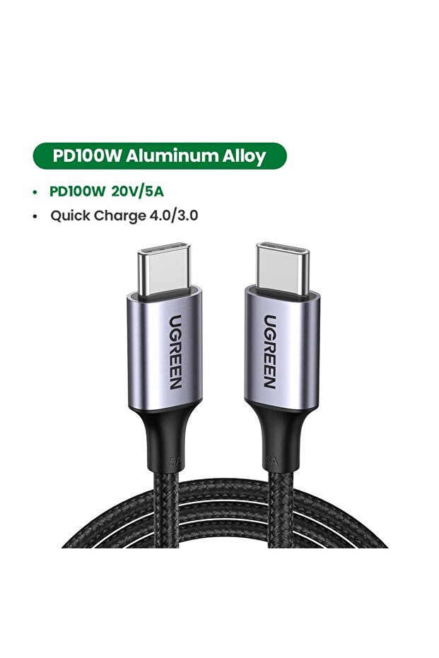 كابل شحن سريع مضفر من USB-C إلى USB-C بطول 2 متر وقوة 100 وات - أسود