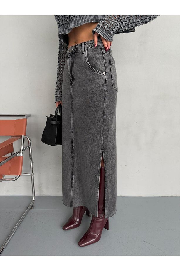 YANLARDAN YIRTMAÇLI FÜME JEAN MAXI ETEK - 9