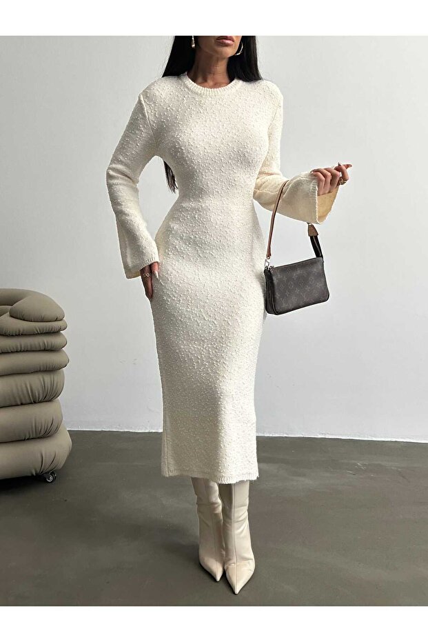 Kadın İspanyol Kol Desenli Triko Elbise - 1