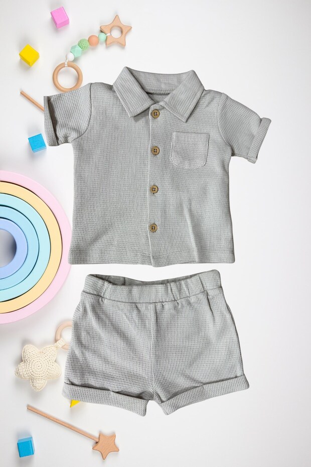 Baby Boy Summer 100% Cotton Bottom Top Shirt Collar Muslin Set