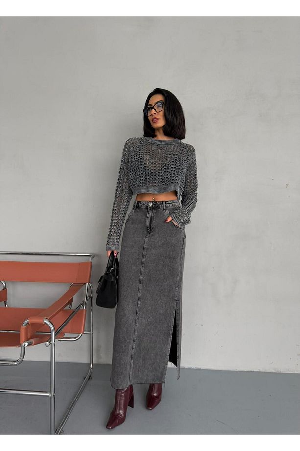YANLARDAN YIRTMAÇLI FÜME JEAN MAXI ETEK - 5