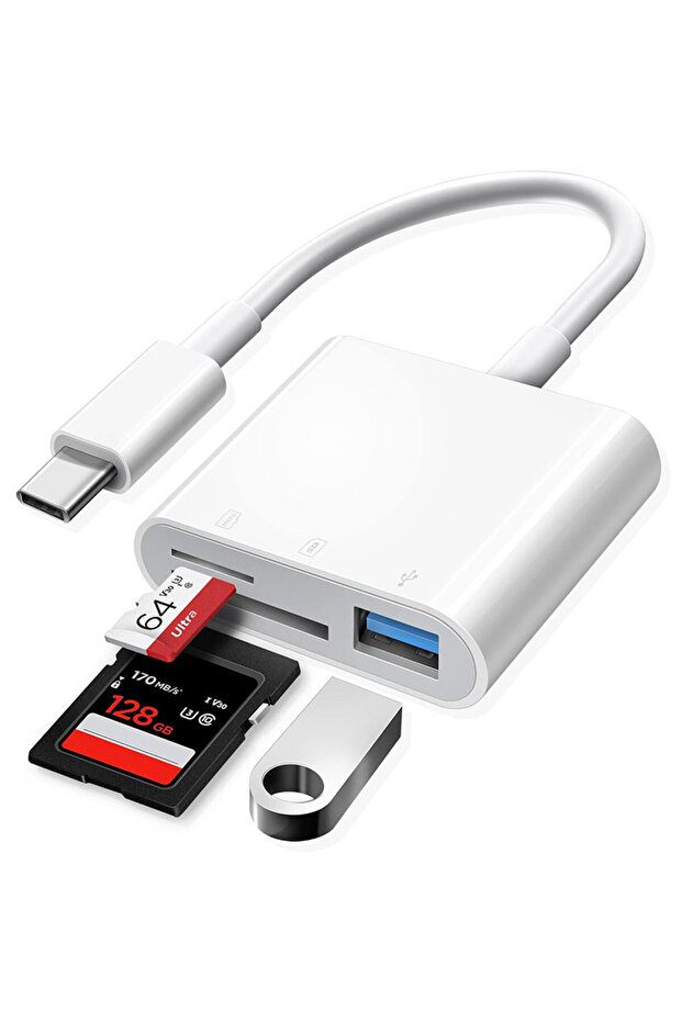 WHITE 3 In 1 Adapter Type-C, Tf, Cf, Sd, Memory Card Reader, Recorder, Compact Flash Usb-C, Pro, ... - 1