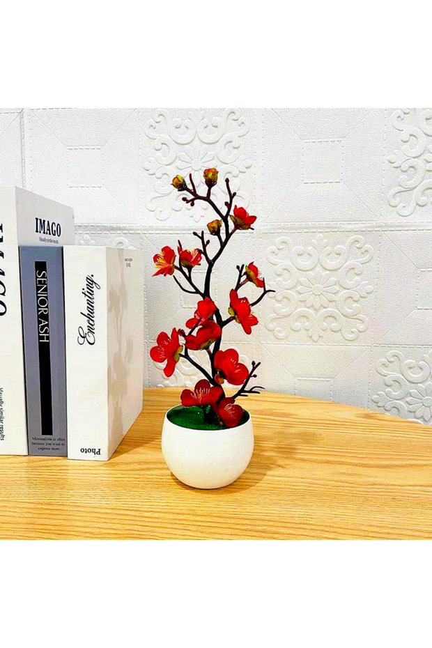Red Simulation Plum Flower Pot Plant Artificial Plastic Fake Flowers Home Office Desktop Ornaments W