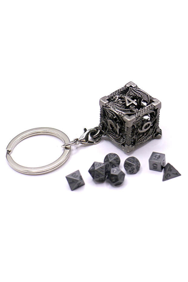 Silvery D6 Metal Case +7pcs Metal Dice Set, Portable Board Game Dice Mini Kit, Gamer Accessories
