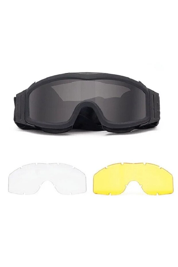 Black Tactical Goggles 3 Lens Wind Dust Proof Shooting Motocross Motorcycle Mountaineering Glasses