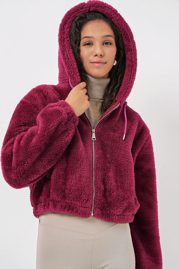 5193 Kapüşonlu Peluş Crop Ceket - Mürdüm - 2