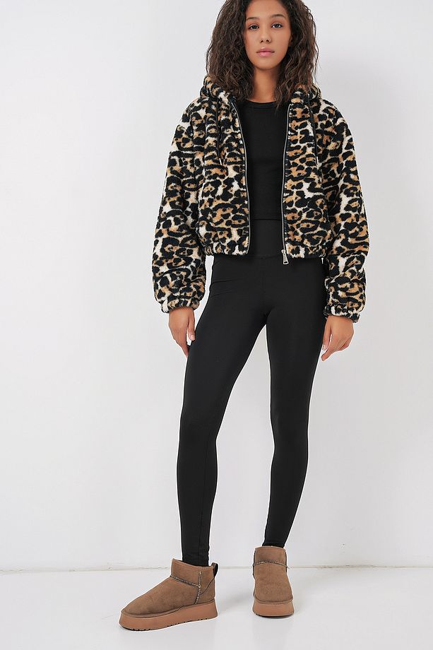 5193 Kapüşonlu Peluş Crop Ceket - D.Kahve - 4