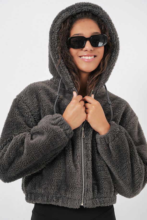 5193 Kapüşonlu Peluş Crop Ceket - Antrasit - 4