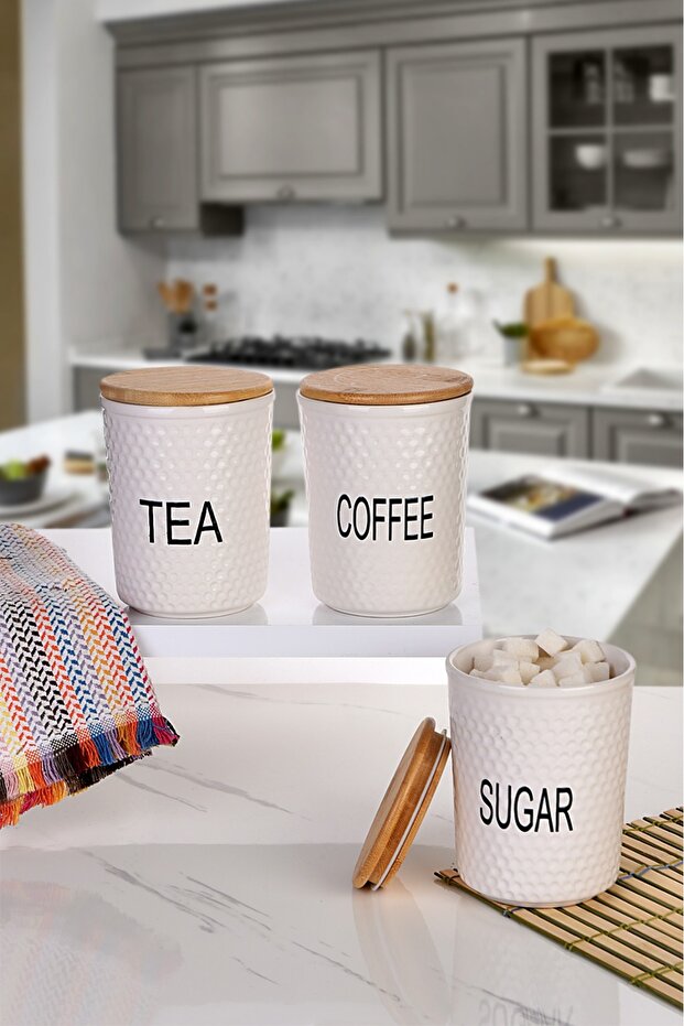 3' Vacuum Bamboo Lid White Jar Set Set Spice Tea Sugar Coffee Dotted