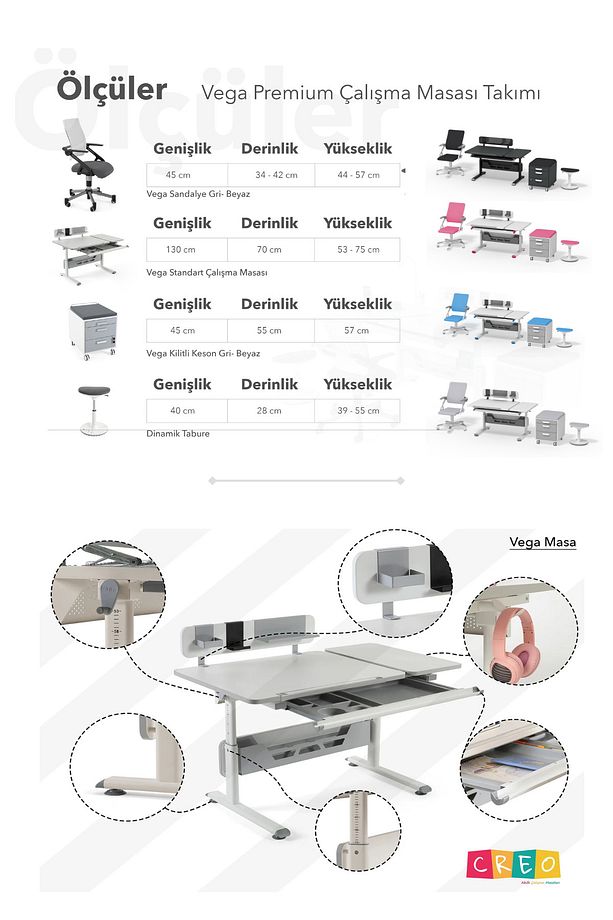Yükseklik Ve Eğim Ayarlı, Vega Premium Bilgisayar Ve Çalışma Masası Takımı Antrasit - 9