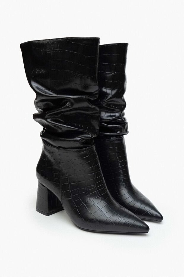 Janelle hegyes orrú fekete mintás, fújtatós női sarkú csizma - 8