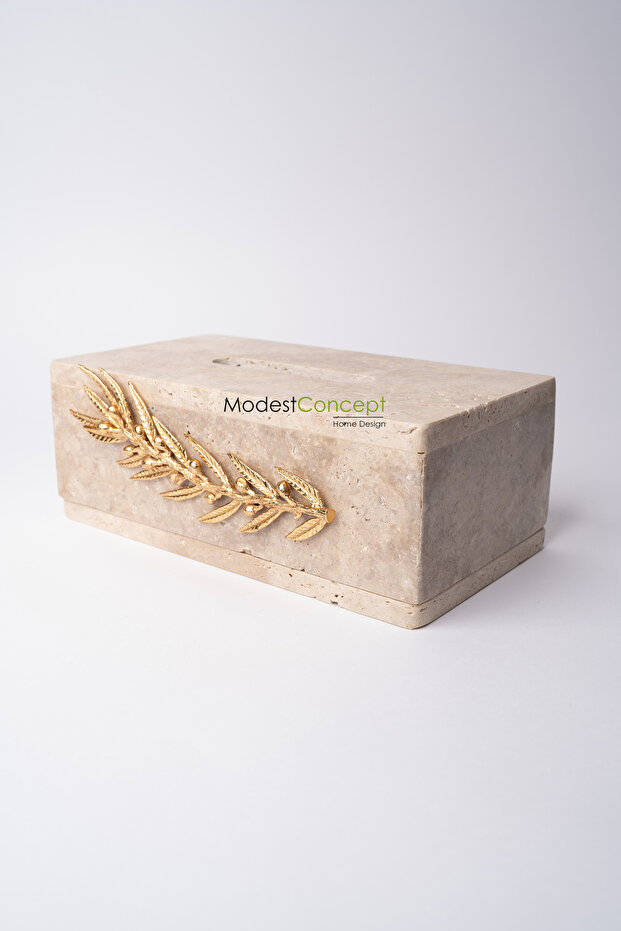 Gold Olive Branched - Natural Travertine Marble, Napkin Holder, Wipes and Napkin Box