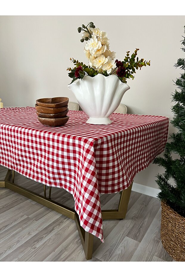 مفرش طاولة من الكتان باللون الأحمر - 2