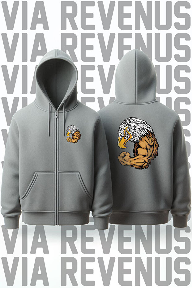 Eagle Front and Back Printed Unisex Zippered Hooded Gray Sweatshirt Cardigan