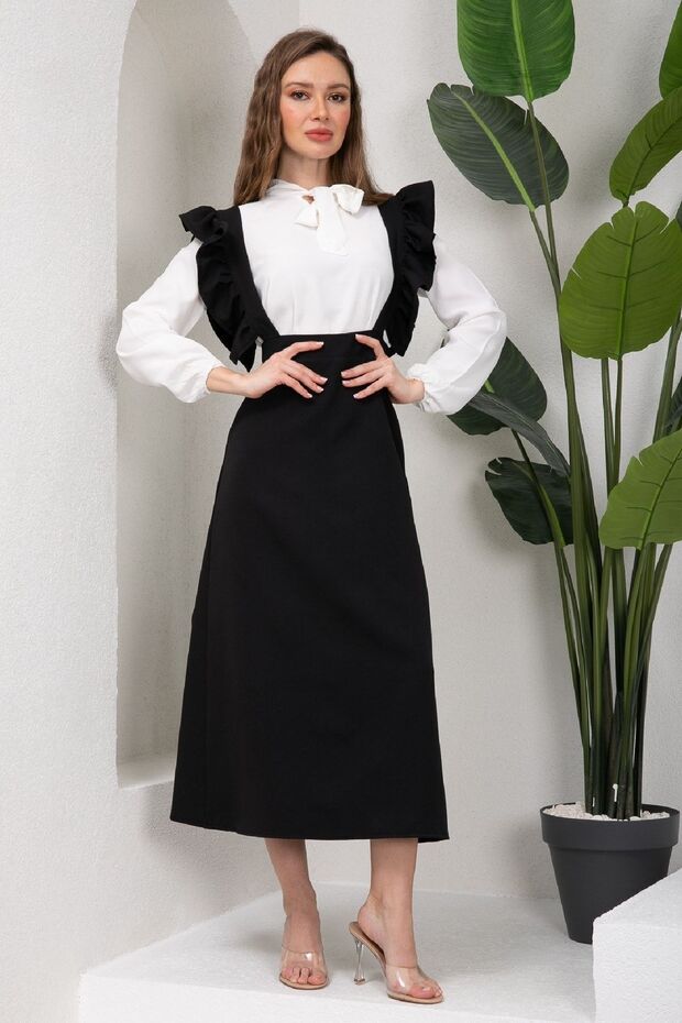 Long Black Crepe Salopette Skirt