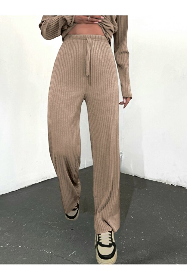 Casual Ribbed Trousers with Lace Detail - Mink