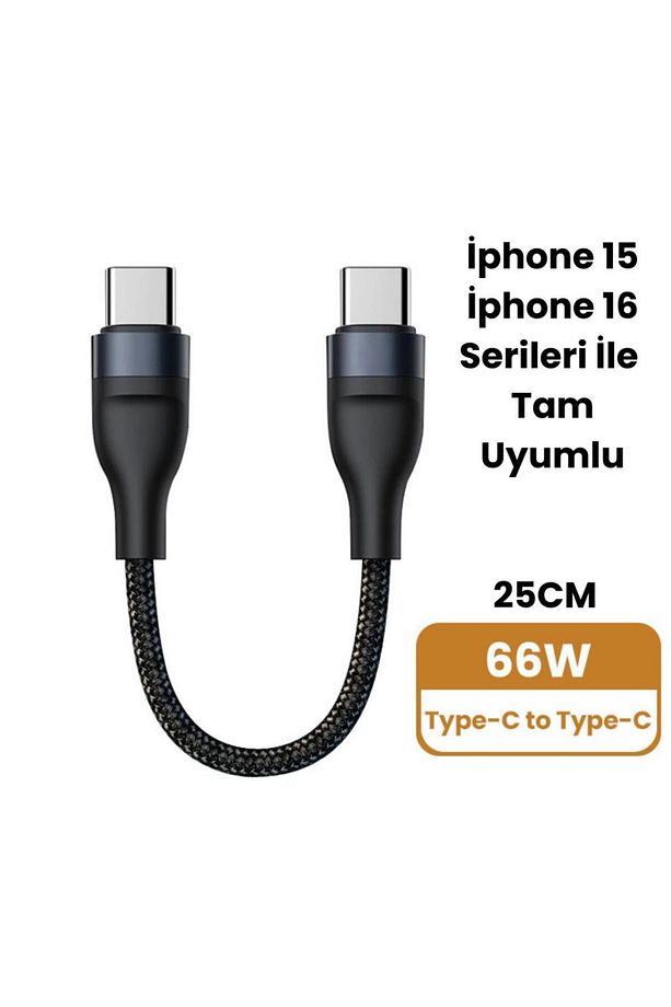 25cm 66w Süper Hızlı Pd Type C To Type C Şarj Kablosu, Kısa Halat Örgülü Kopmaz Kırılmaz Kabl - 5