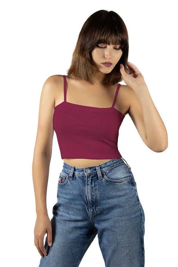 Fuşya İp Askılı Fitted/Vücuda Oturan Fitilli Crop Top Atlet - 1
