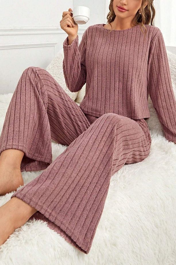 Gül Kurusu Pamuklu Fitilli Uzun Pijama Takımı - 3