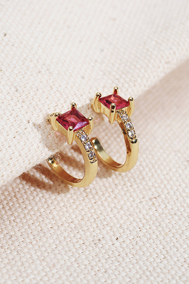 Pink Square Stone Gold Color Hoop Earrings