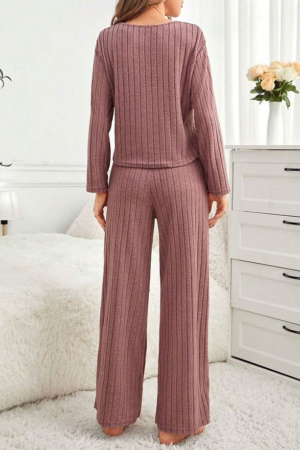 Gül Kurusu Pamuklu Fitilli Uzun Pijama Takımı - 6