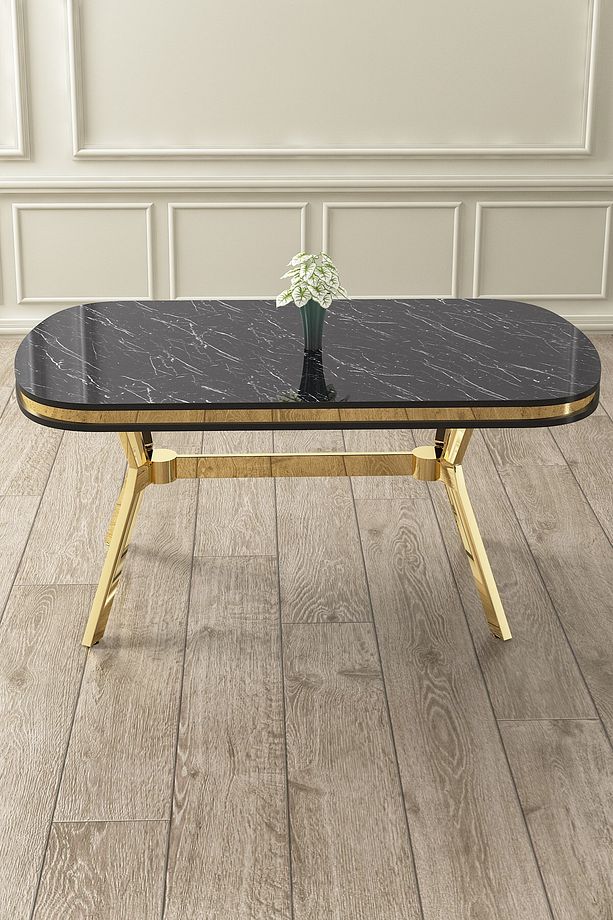 Olya Serisi 90x168 Lak Panel Gold Ayak Siyah Mermer Desen Sabit Mutfak Masası - 2