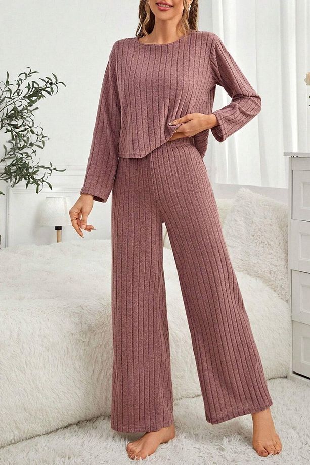 Gül Kurusu Pamuklu Fitilli Uzun Pijama Takımı - 4