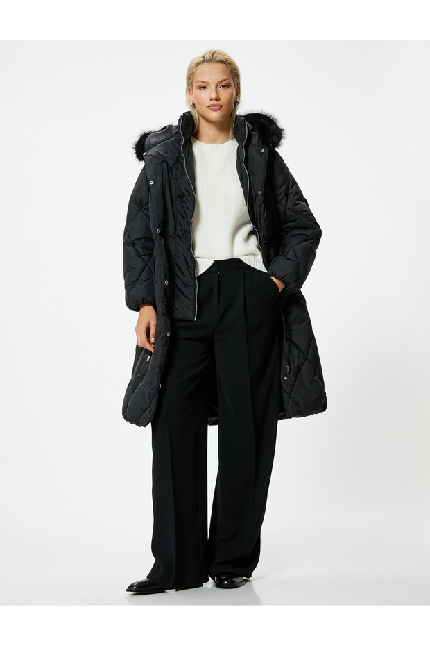 Extra Long Inflatable Coat with Faux Fur Detail, Hood, Belt and Wind Cover