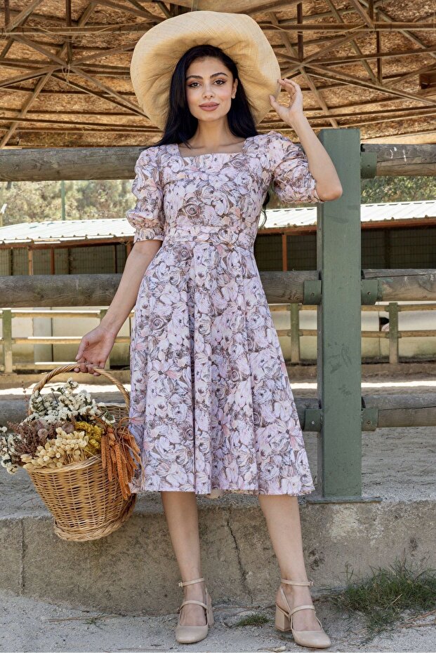 Brown Pastel Floral Square Collar Watermelon Sleeve Flared Dress