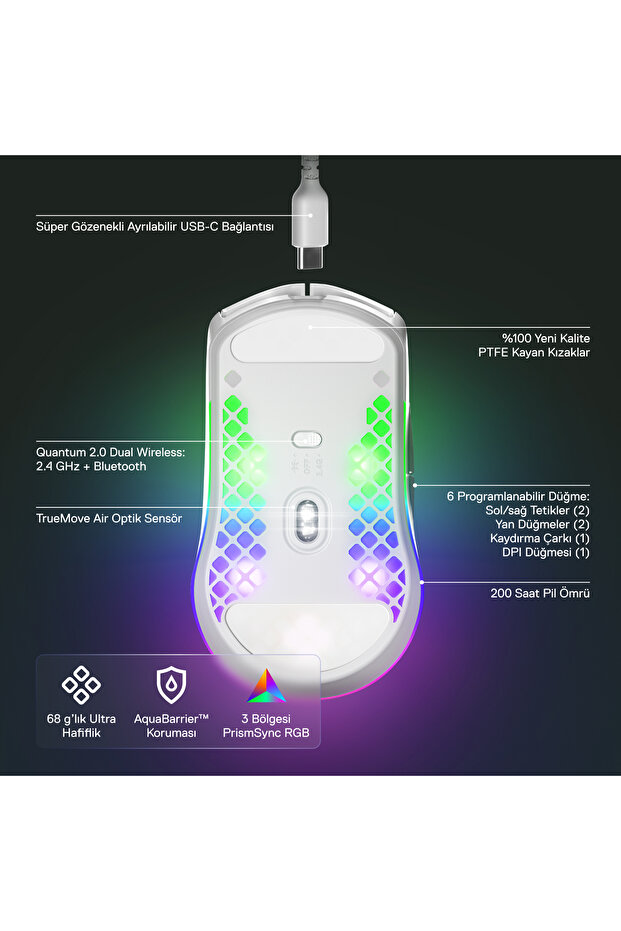 Aerox 3 Wireless Snow, 18000 CPI, RGB Optik Kablosuz Gaming Mouse - 3