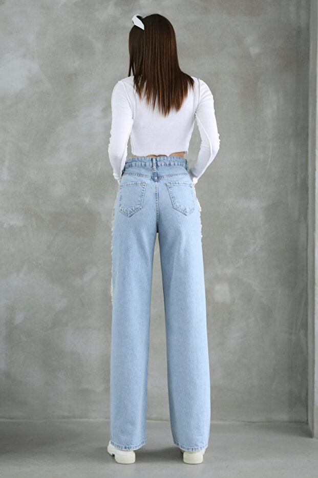 Mavi Püsküllü Yüksek Bel Düz Kesim Straight %100 Pamuk Non-Stretch Jeans TWOSS25JE00139 - 6