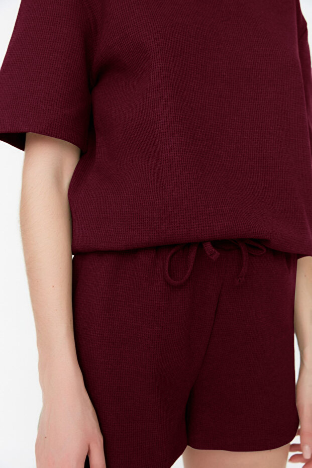Bordo Waffle Kumaş Şortlu Örme Pijama Takımı THMSS22PT0524 - 4