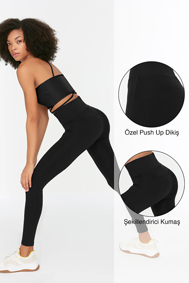 Siyah Push- Up Özellikli Tam Boy Örme Spor Tayt TWOAW21TA0030 - 1