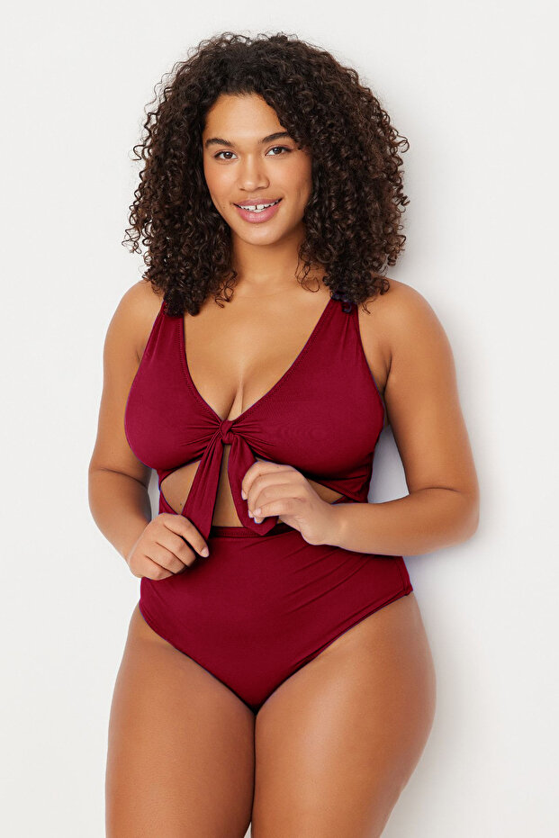 Bordo Derin V Yaka Cut-Out Bağlamalı Atma Kaplı Büyük Beden Mayo TBBSS22MA0302 - 2