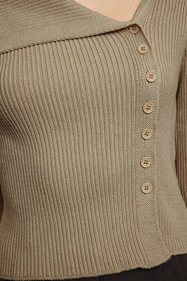 Bej Merserize Görünümlü Premium İplik/Özel İplik Fitted/Vücudu Saran Triko Hırka TWOAW25HI00254 - 4
