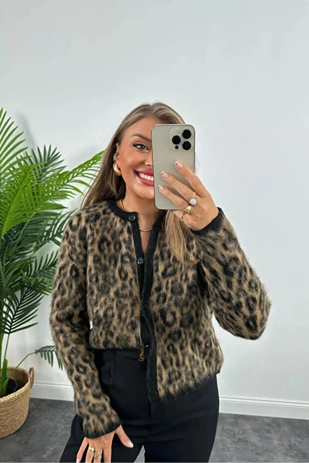 Leopard Pattern Cardigan Yumoş Knitted Button-Up - 3