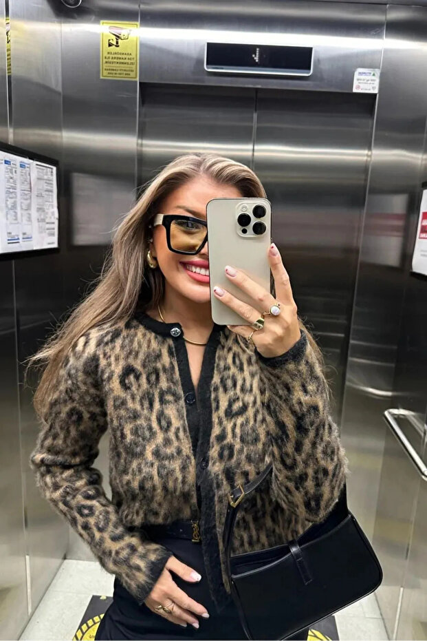 Leopard Pattern Cardigan Yumoş Knitted Button-Up - 1