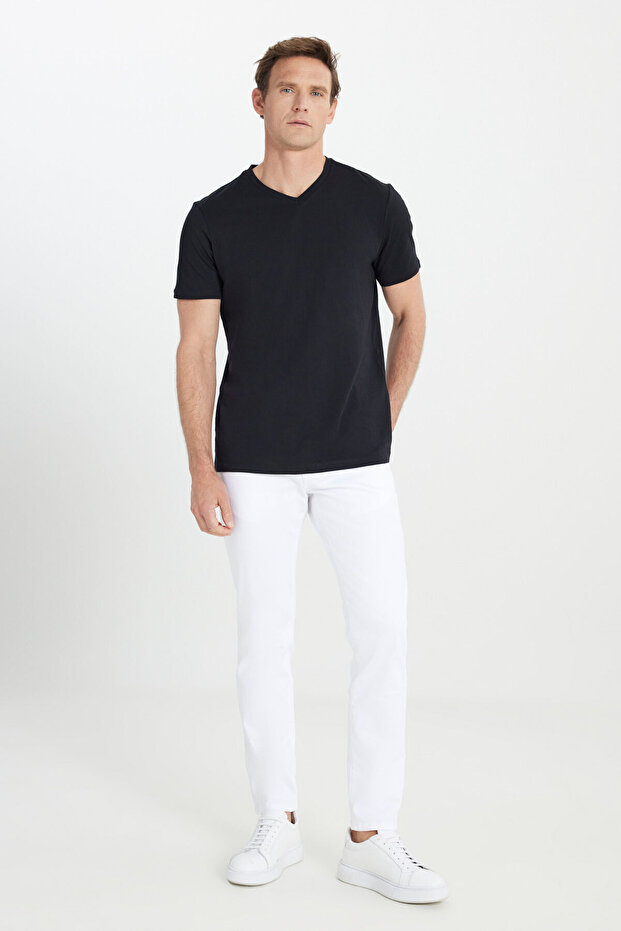 Erkek %100 Pamuk V Yaka Siyah Slim Fit Dar Kesim Tişört - 2