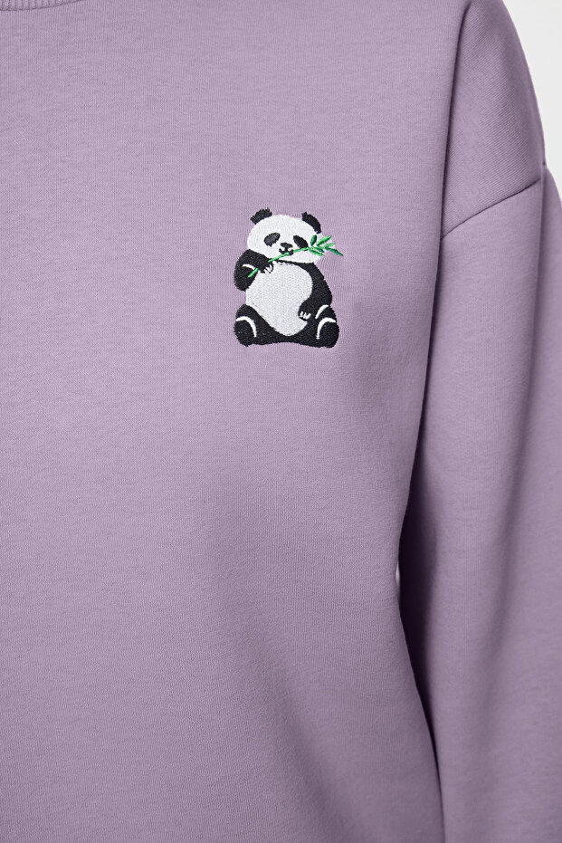 Lila Animal Nakışlı Regular/Normal Kalıp Kalın İçi Polarlı Örme Sweatshirt TWOAW24SW00196 - 5