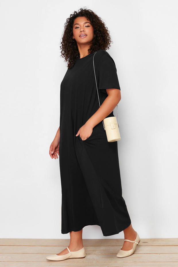 Siyah Midi %100 Pamuk Örme T-shirt Elbise TBBSS24AH00067 - 1