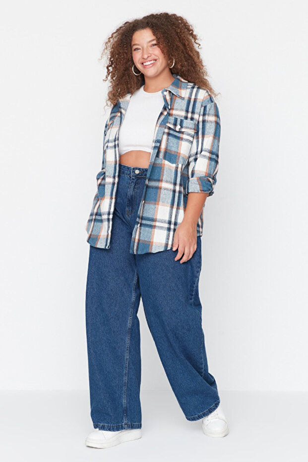 Mavi Yüksek Bel Geniş Paça Comfort/Orta Esnek Büyük Beden Wide Leg Jeans TBBAW23CJ00020 - 1