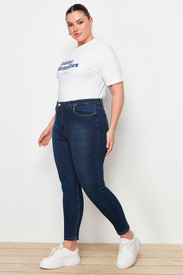 Koyu Mavi Yüksek Bel Esnek/Stretch Büyük Beden Skinny Jeans TBBAW23JE00000 - 7