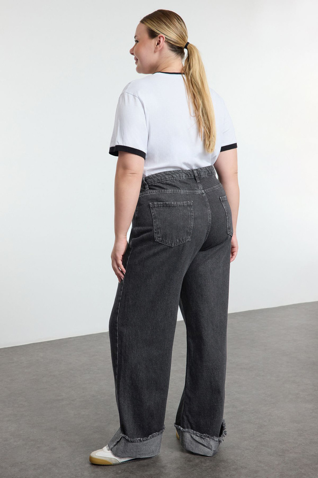 Gri Yüksek Bel Paçası Kıvırma Detaylı Wideleg/Geniş Paça Orta Esnek Büyük Beden Jeans TBBSS23CJ00002 - 5