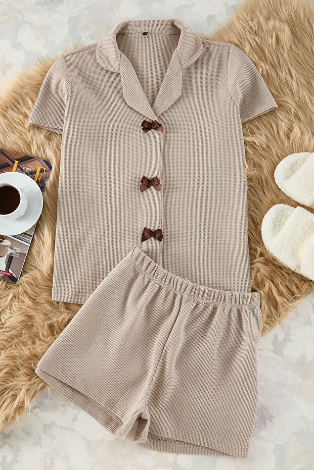 Bej Kurdele/Fiyonk Detaylı Waffle Kumaş Şortlu Örme Pijama Takımı THMSS25PT00014 - 6